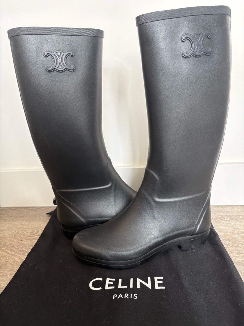 Celine Matte Black Knee-High Logo Rain Boots Brand New!